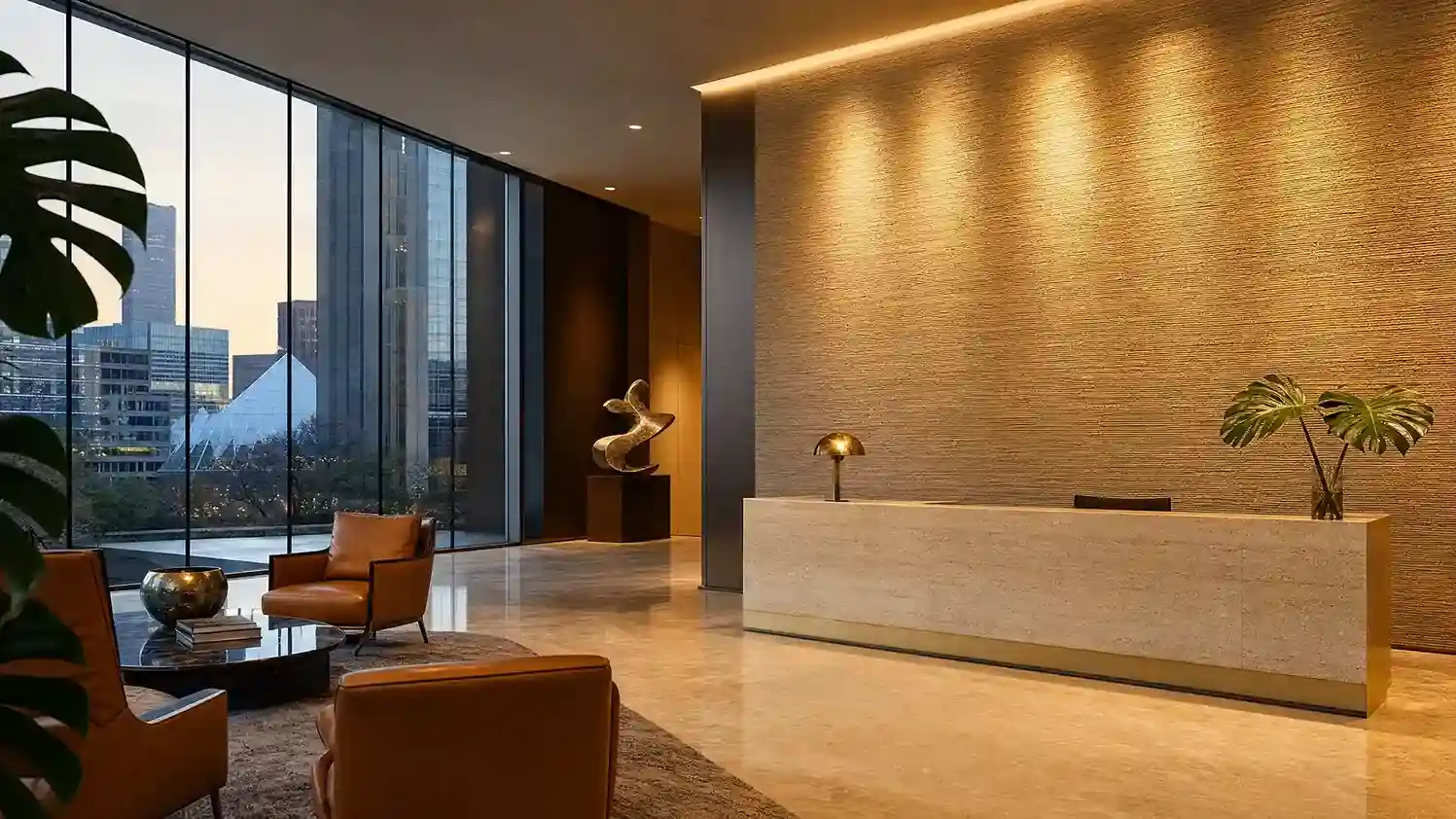 Class A Dallas office lobby with grasscloth feature wall